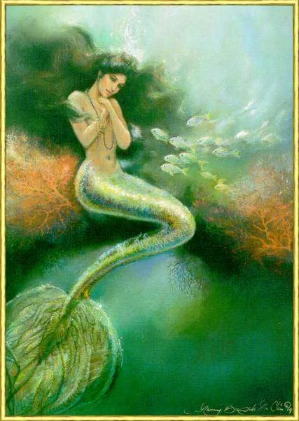 Dipinto raffigurante una sirena in un paesaggio sottomarino